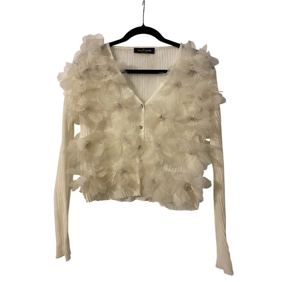 RICH RADI QS Diamond Mesh Floral Cream Cardigan Large Sheer Feminine Luxury Glam